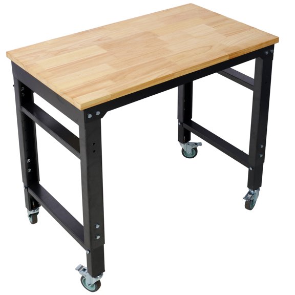 Tcbosik 34"-42" Height Adjustable Workbench with Wheels, Heavy-Duty Work Station with Rubber Wood Top for Home Office Garage Shop, Black