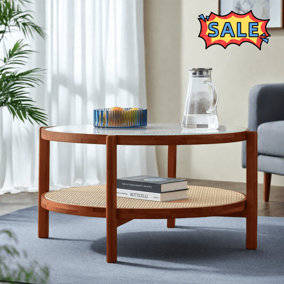 Tcbosik 34.6 inch Round Coffee Table with Glass Top, 2-Tier Wood Tea Table with Storage Shelf for Small Space Living Room, Walnut