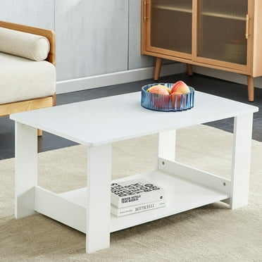 Tcbosik 35.4" Coffee Table with Open Shelf, 2-Tier Center Table for Living Room, White
