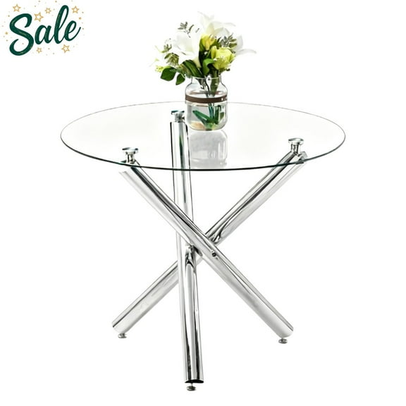 Tcbosik 35.4" Glass Round Dining Table for 2-4 People, Modern Circle Leisure Coffee Table with Clear Tempered Glass Tabletop & Silver Metal Cross Legs, for Home, Conference, Office & Restaurant