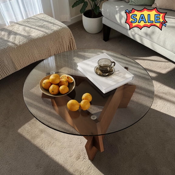 Tcbosik 35.4 Inch Round Coffee Table, Modern Center Table with Glass Top for Living Room, Easy Assembly, Walnut