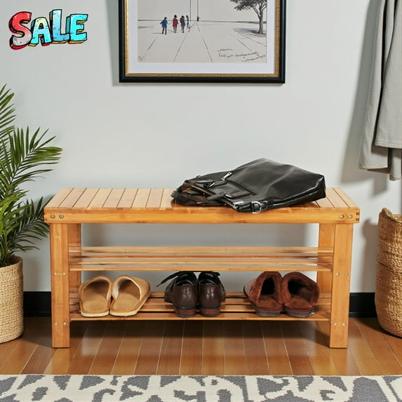 Tcbosik 35.4" Slatted Bamboo Shoe Rack Bench, 3-Tier Storage Organizer with Open Shelves, for Entryway, Bedroom, Bathroom, Natural