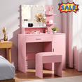 thumbnail image 1 of Tcbosik 35.4" Vanity Desk with Lighted Mirror, Makeup Table with Cushioned Stool, Small Dressing Table with Open Shelves, Storage Drawer and Cabinet for Bedroom, Pink, 1 of 7