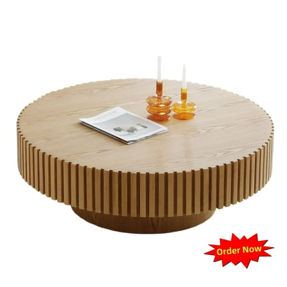 Tcbosik 35.4 inch Coffee Table, Round Center Table with Pedestal for Living Room, Easy Assembly, Natural Ash