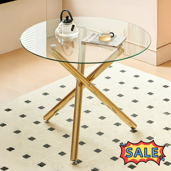 Tcbosik 35.4 inch Dining Table with Glass Top for 2-4 Person, Modern Coffee Table with Metal Legs for Home Office, Gold