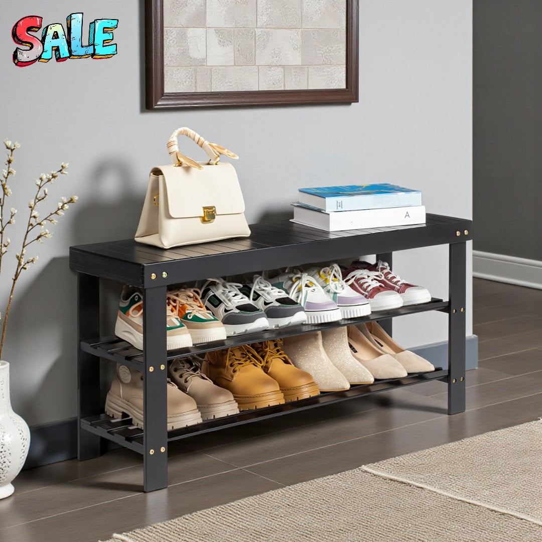 Tcbosik 35.43" Bamboo Bench, Modern 3-Tier Entryway Seat w/ Open Shelves, Easy Assembly, Black
