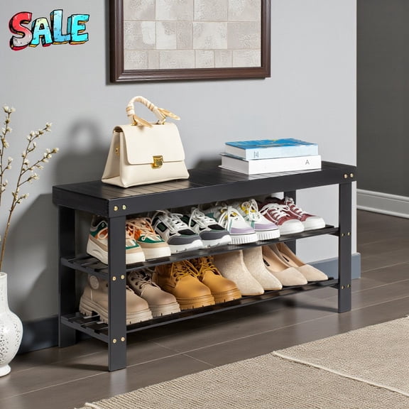 Tcbosik 35.43" Bamboo Bench, Modern 3-Tier Entryway Seat w/ Open Shelves, Easy Assembly, Black