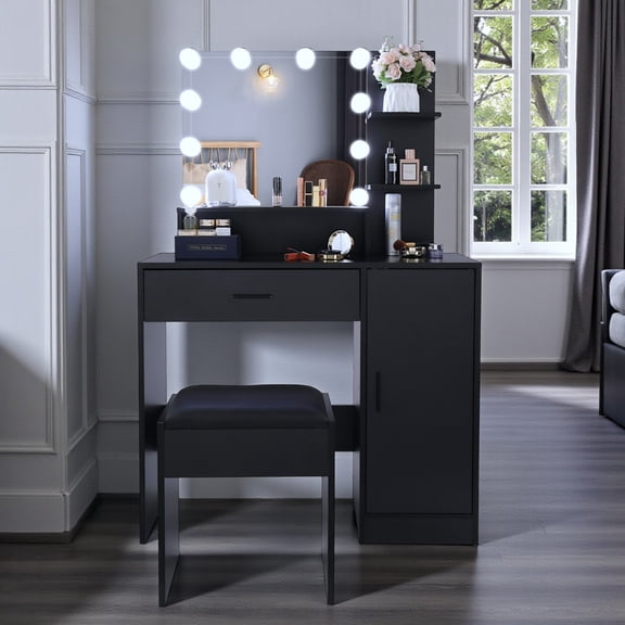 Tcbosik 35.43" Makeup Desk with Mirror and Lights, 3 Lighting Modes & Adjustable Brightness, Black Bedroom Vanity Set with Padded Stool, Modern Dressing Table with 1 Cabinet, 1 Drawer & 3 Shelves