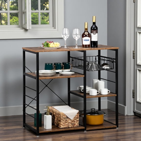 Tcbosik 35.5"W Kitchen Baker’s Rack, 3-Tier Microwave Stand with Pull-Out Basket, Hooks and X-Back Metal Frame, Heavy Duty Kitchen Storage Shelf, Rustic Brown