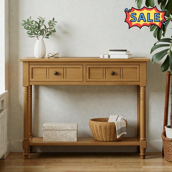 Tcbosik 35.5 inch Console Table, Entryway Table with Open Shelf and 2 Storage Drawers, Modern Sofa Table for Living Room, Hallway, Foyer, Natural