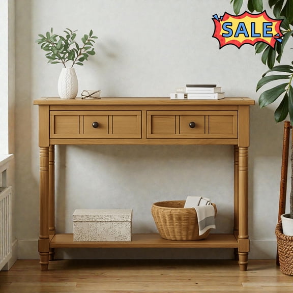 Tcbosik 35.5 inch Console Table, Entryway Table with Open Shelf and 2 Storage Drawers, Modern Sofa Table for Living Room, Hallway, Foyer, Natural