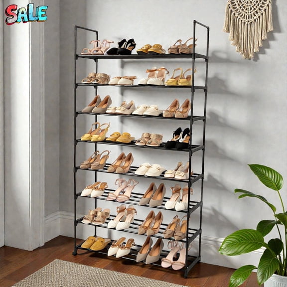Tcbosik 35.6"W Metal Shoe Rack with Plastic Connectors, Stackable 8 Tier Shoe Shelf for Home Entryway or Closet, Iron Tube Construction, Easy to Assemble – Black