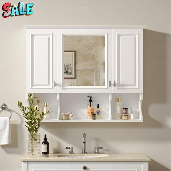 Tcbosik 35"x28.7" 3-Door Wall Mounted Mirror Cabinet, White Wood Medicine Cabinet with Adjustable Shelves, Center Mirror Door, Open & Hidden Storage