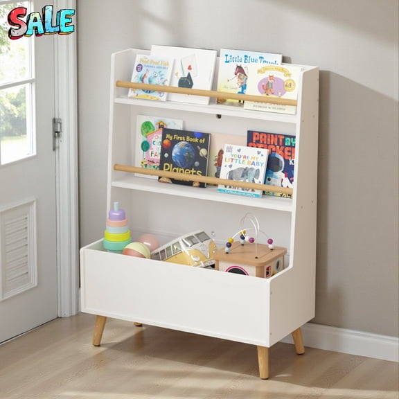 Tcbosik 36.61"H Bookshelf, 3-Tier Open Bookcase with Bottom Storage Compartment and Pine Wood Legs for Magazines and Toys, White