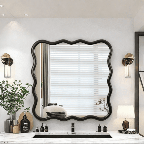 Tcbosik 36 inch Square Mirror, Wavy Bathroom Vanity Mirror with Solid Frame, Wall Mounted Mirror Decorative for Bathroom, Bedroom, Cloakroom, Living Room, Entryway, Hallway, Black