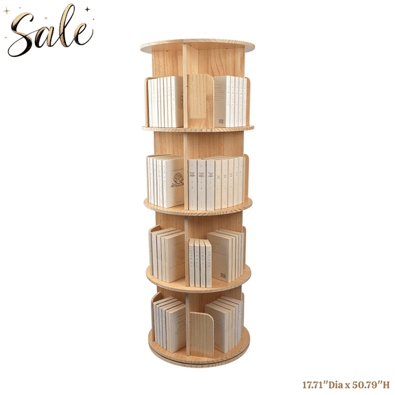 Tcbosik 360° Rotating Solid Pine Wood Bookshelf, Space-Saving Round Freestanding Bookcase with Safety Baffle, 4-Tier Revolving Book Shelf for Living Room, Bedroom, Office (Natural)