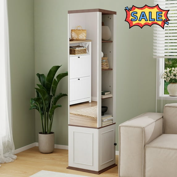 Tcbosik 360° Storage Cabinet with Full Length Mirror, Rotating Accent Cabinet with Door and Open Shelves for Living Room, Bedroom, Hallway, Antique White
