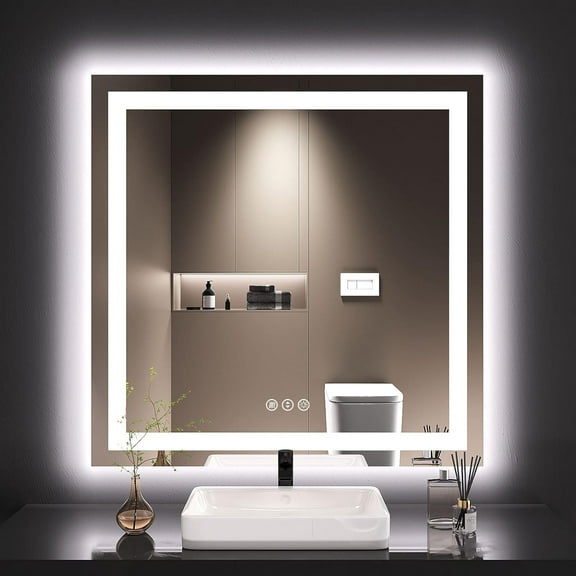 Tcbosik 36x36 inch LED Bathroom Mirror, Anti-Fog, Backlit + Front Lit, Vanity Mirror for Wall, Memory Function, Smart Touch Button (Horizontal/Vertical)