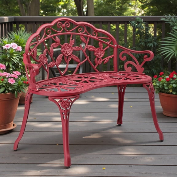 Tcbosik 38.5-Inch Outdoor Bench, Cast Aluminum Outdoor Furniture, Metal Bench with Floral Rose Accent & Antique Finish, Red
