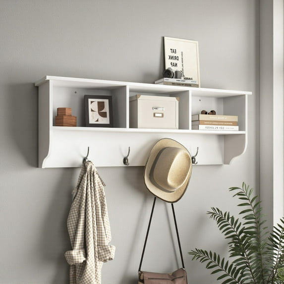 Tcbosik 38.58" Wall Mounted Coat Rack with 4 Hooks – Entryway Storage Organizer with 3 Cubbies for Coats, Hats, Bags, MDF Construction, White