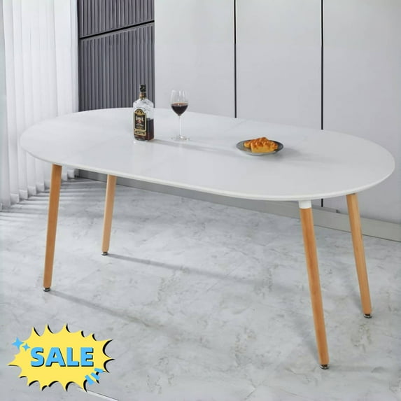 Tcbosik 39.3"-70.8" Expendable Dining Table for 6-8 Person, Oval Kitchen Table for Living Room, Space Saving, Matte White & Natural