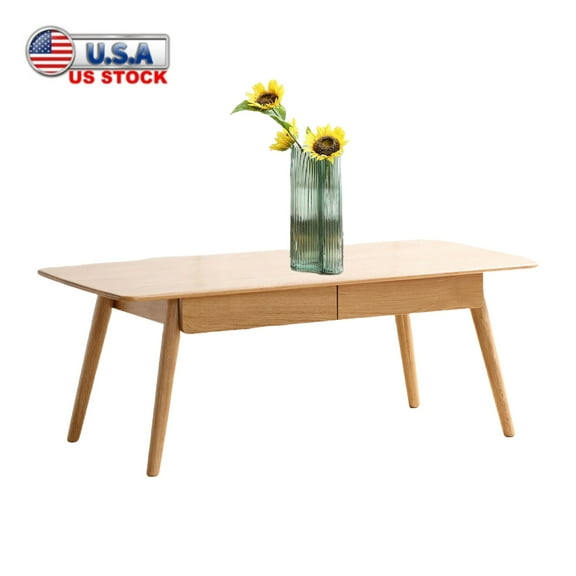 Tcbosik Rectangle Coffee Table, 39.3"W Solid Wood Cocktail Table with 2 Storage Drawers, Modern Center Table for Living Room, Easy Assembly, Oak
