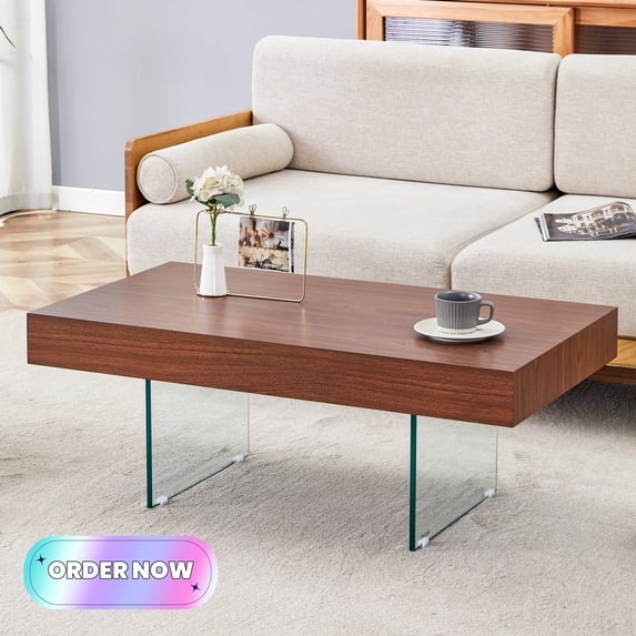 Tcbosik 39.3" Rectangle Coffee Table, Accent Center Table with Tempered Glass Legs for Living Room, Walnut