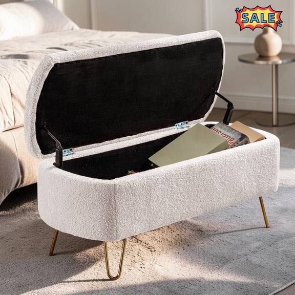 Tcbosik 39.3" Upholstered Bench with Storage, Faux Fur Ottoman with Gold Legs for Living Room, Bedroom, Entryway, Ivory