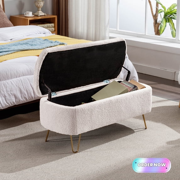 Tcbosik 39.3" Upholstered Bench with Storage, Faux Fur Ottoman with Gold Legs for Living Room, Bedroom, Entryway, Ivory