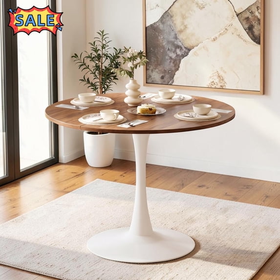 Tcbosik 39.4" Round Dining Table, Tulip Kitchen Table with Metal Pedestal Base for 4 Person, Walnut & White