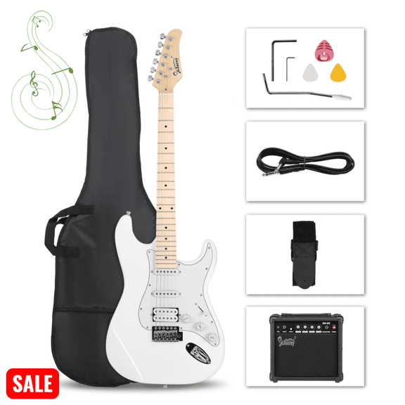 Tcbosik 39 inch Electric Guitar Kit with Amp, Bag and Strap for Beginner, Starter, Beginner Guitar with Amp Wire, Tremolo Arm and Wrench Tool, White
