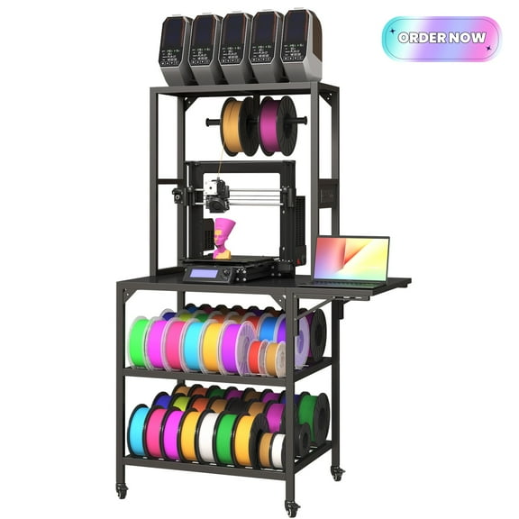 Tcbosik 3D Printer Stand with Charging Station and Filament Storage, Heavy Duty 3D Printer Table w/ Wheels & T-Shaped Spools Holder, 3D Printer Workbench w/ Foldable Side Panel for Home Office, Black