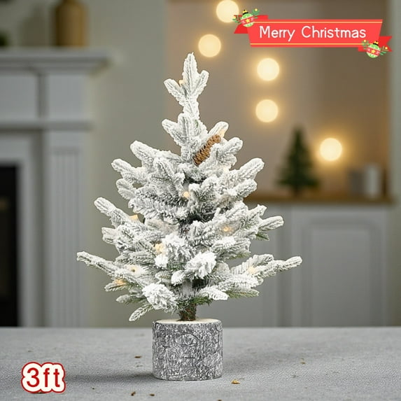 Tcbosik 3ft Small Prelit Christmas Tree with Warm White Lights, Mini Tabletop Xmas Tree with 70 LED Lights, 7 Pine Cones and 365 Branch Tips, Indoor Holiday Decoration, White+Green