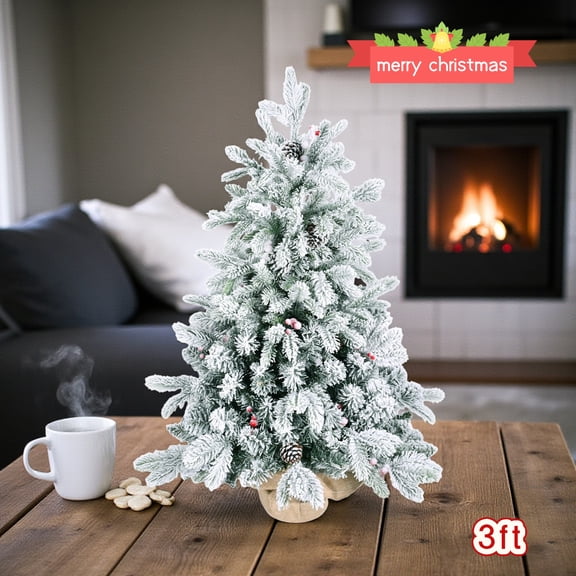 Tcbosik 3ft Unlit Mini Artificial Christmas Tree with Pine Cones & 14 Red Berries, Snowy Flocked Tabletop Mini Xmas Tree w/355 Branch Tips & Burlap Cement Base for Indoor Holiday Decor, White+Green