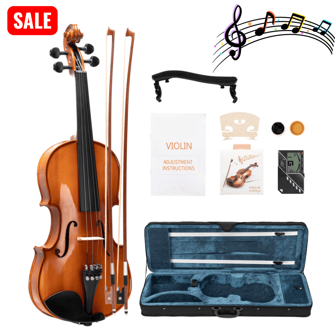 Tcbosik 4/4 Acoustic Violin Set For Beginners with 3 In 1 Digital Metronome Tuner Tone Generator, Fiddle Set with Case, Rosin, 2 Bows and 2 Bridges, Strings Set and Shoulder Rest, Natural Varnish