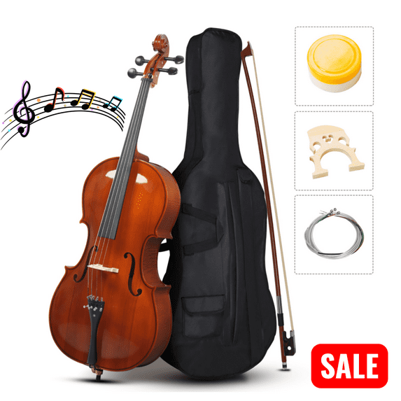 Tcbosik 4/4 Full Size Acoustic Cello with Bag, Bow, Rosin, Bridge and Strings, Adults String Musical Instruments, Natural Color