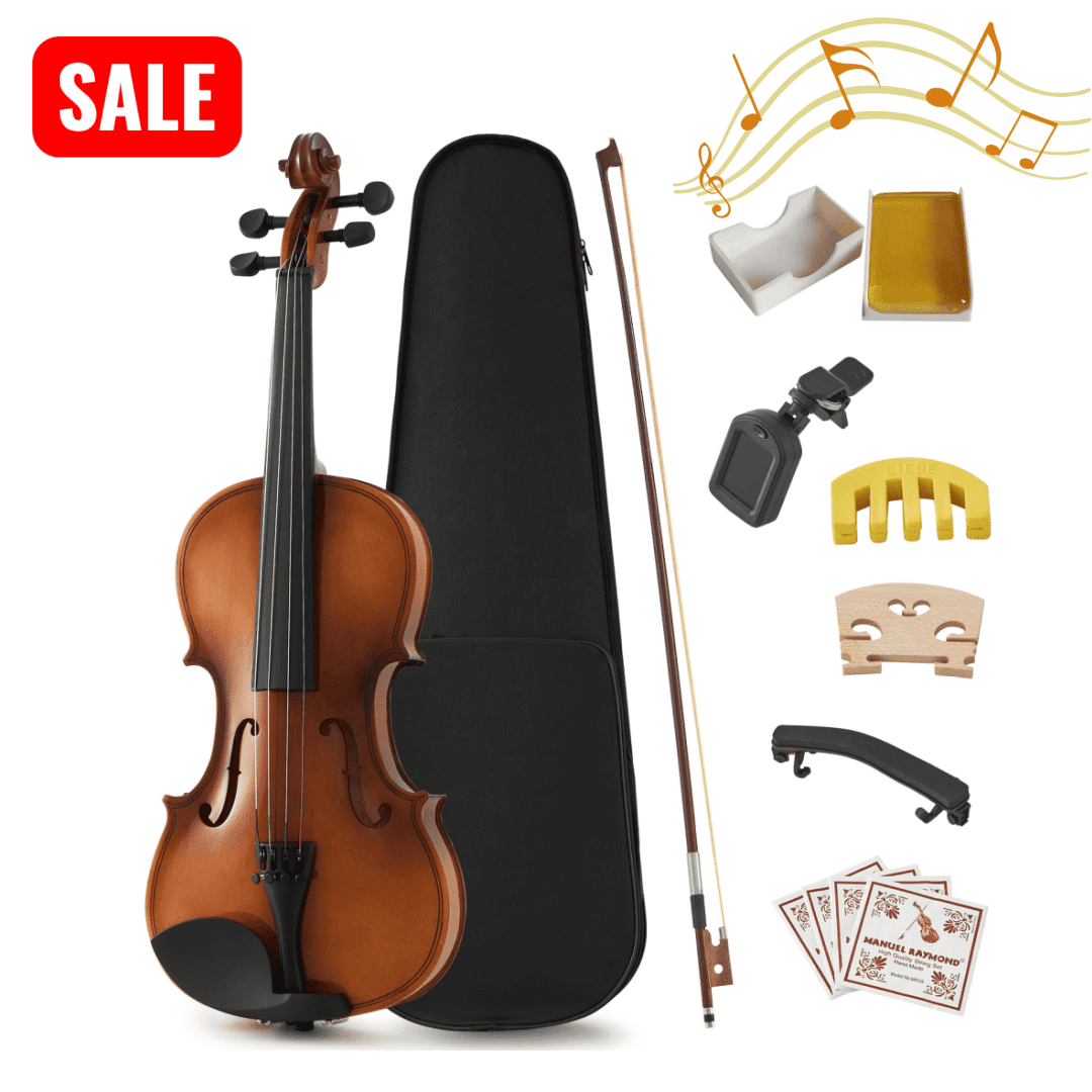 Tcbosik 4/4 Full Size Acoustic Violin Set with Case, Fiddle Starter Kit with Bow, Bridge, String, Clip-on Tuner and Shoulder Rest, Brown+Natural