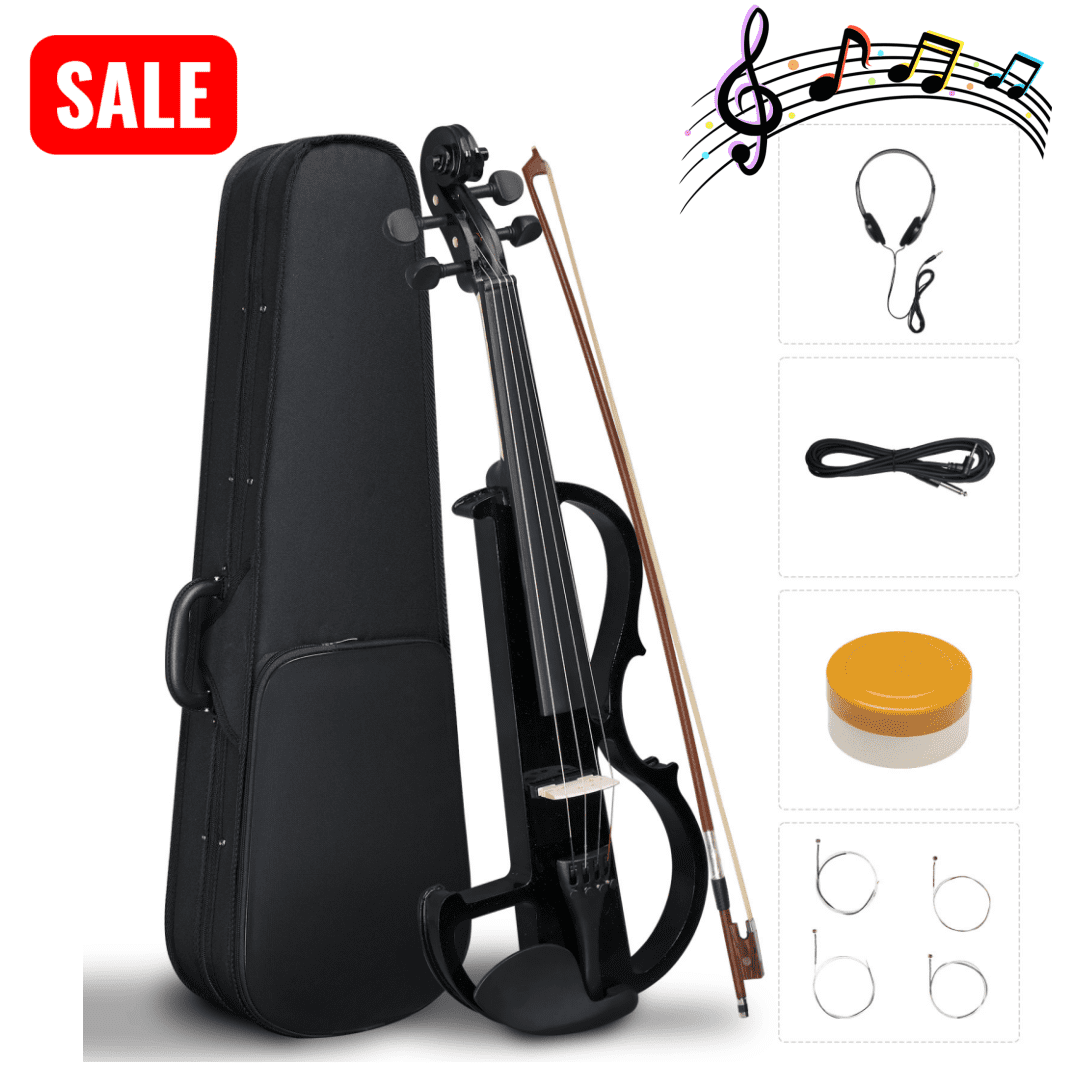 Tcbosik 4/4 Full Size Electric Violin Set with Headphone and Connecting Line for Beginner Adults, Fiddle with Bow, Case and Rosin, Black