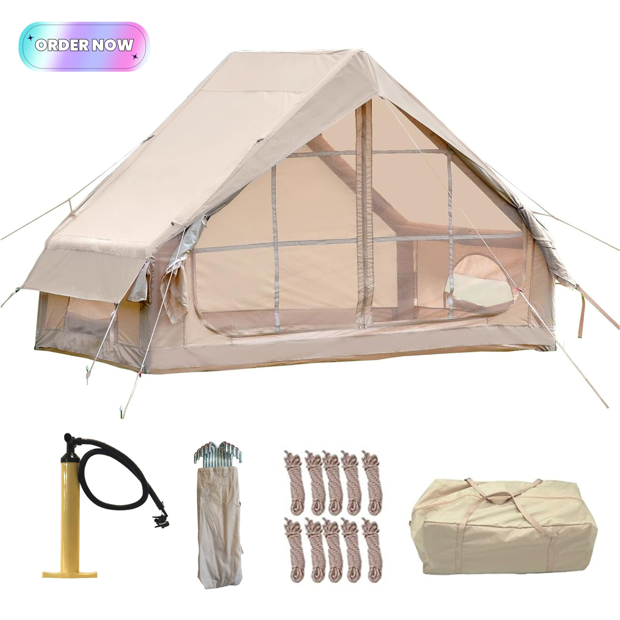 Tcbosik 4-6 Person Inflatable Camping Tent with Pump, Waterproof Glamping Tent with 12 Mesh Windows, 4 Season Easy Setup Blow Up Tent for Beach, Picnic, BBQ, Khaki