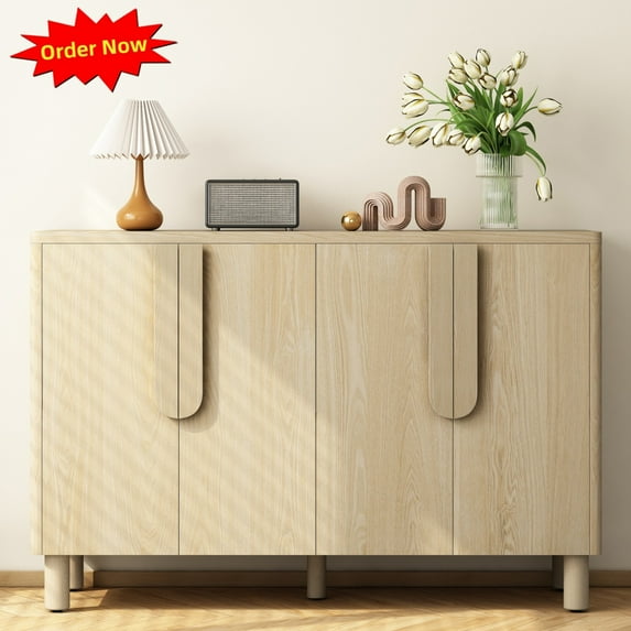 Tcbosik 4-Door Sideboard Buffet Cabinet, Kitchen Storage Cabinet, Cupboard Accent Cabinet with Adjustable Shelves for Dining Room, Living Room, Entryway, Natural