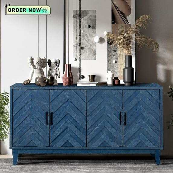 Tcbosik 4-Door Storage Cabinet with Adjustable Shelves, Buffet Sideboard for Living Room, Credenza Cupboard for Kitchen Dining Room, Console Table for Hallway Entryway, Antique Navy Blue