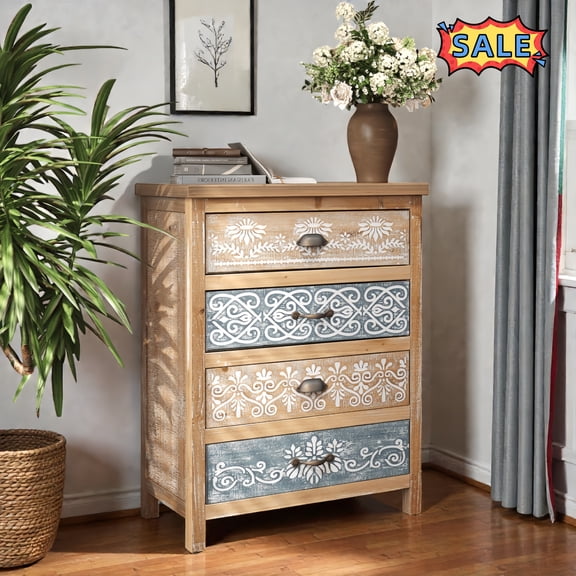 Tcbosik 4-Drawer Dresser for Bedroom, Vintage Chest of Drawers with Distressed Wood & Ornate Pattern Design, Storage Organizer for Closet, Living Room, Colorful
