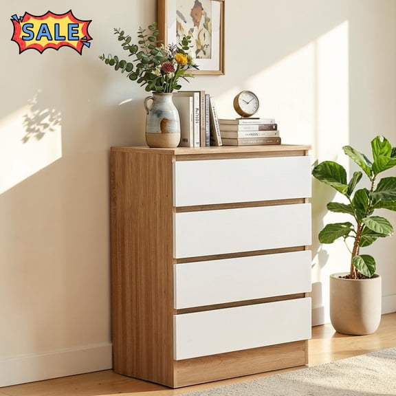 Tcbosik 4 Drawer Dresser for Bedroom, Chest of Drawers, Closet Organizer for Hallway, Living Room, 23.62"L x 14.96"W x 30.71"H, Wood Color & White