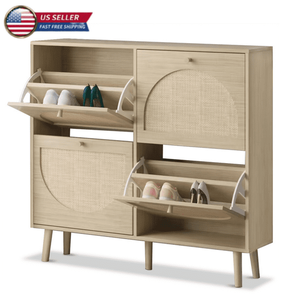 Tcbosik Narrow Shoe Cabinet with 4 Rattan Drawers, Hidden Shoe Rack, Shoe Storage Organizer for Hallway Entryway Living Room, Natural