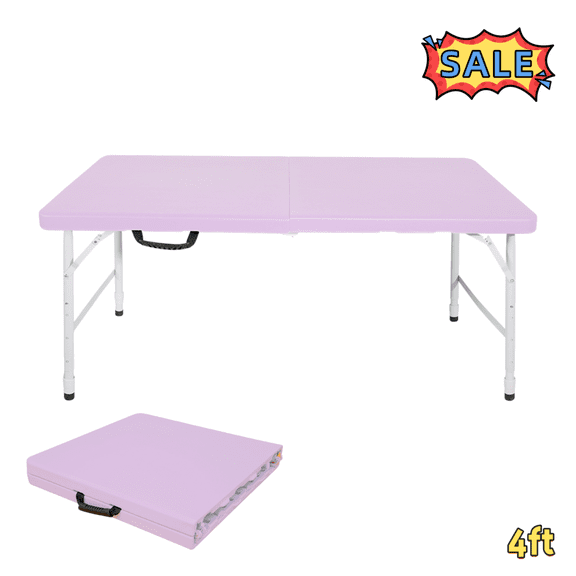 Tcbosik 4 Foot Folding Plastic Table for Indoor & Outdoor, Portable Table with Carrying Handle, Height Adjustable Picnic Table for Camping, BBQ, Party, Light Purple