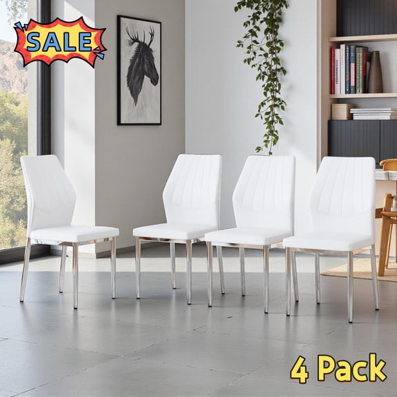 Tcbosik 4 Pack PU Leather Chairs, Upholstered Dining Chair with Metal Legs, Armless Chair for Kitchen, Living Room, White+Silver