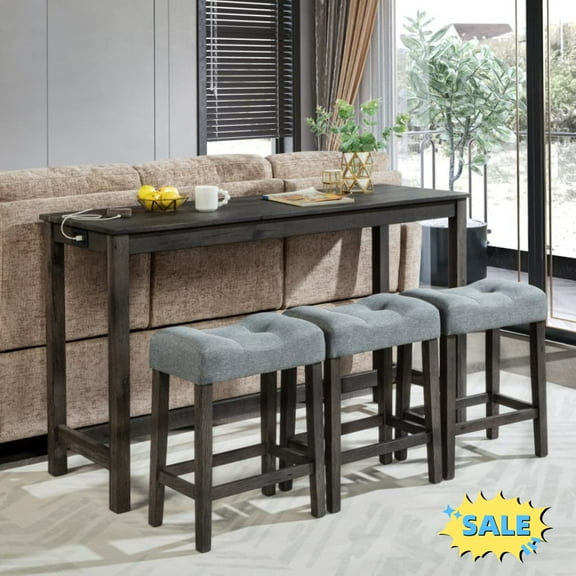Tcbosik 4 Piece Bar Table Set with Charging Station, Industrial Breakfast Table with 3 Padded Stools, Counter Height Dining Table Set for Living Room, Space Saving, Dark Gray