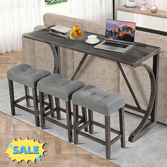 Tcbosik 4 Piece Bar Table Set with Charging Station, Industrial Breakfast Table with 3 Padded Stools, Dining Table Set for Kitchen, Living Room, Dark Gray