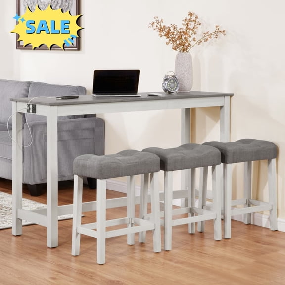 Tcbosik 4-Piece Counter Height Bar Table Set, 59" Dining Table with Charging Station, 3 Padded Stools, Pub Table Set for Living Room, Kitchen, Space Saving, Grey & White