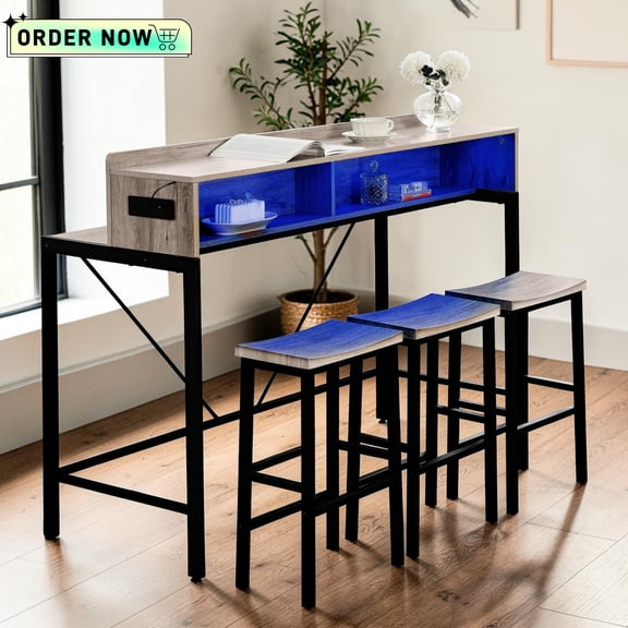 Tcbosik 4-Piece Modern Bar Table Set with LED Lights and Charging Station, 59" Counter High Table with Open Shelves, 3 Barstools w/Metal Legs, Kitchen Table Set for Small Space, Breakfast Nook, Grey